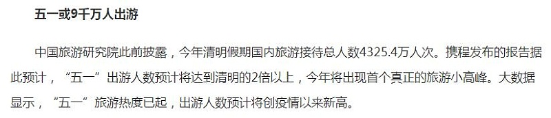 五一假期出遊人數統計